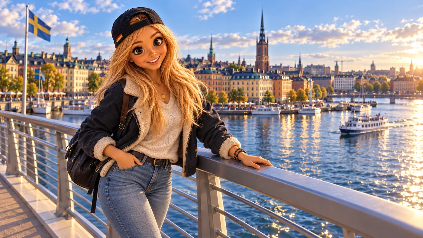 Bea lehnt am Geländer am Wasser vor der Altstadt von Stockholm